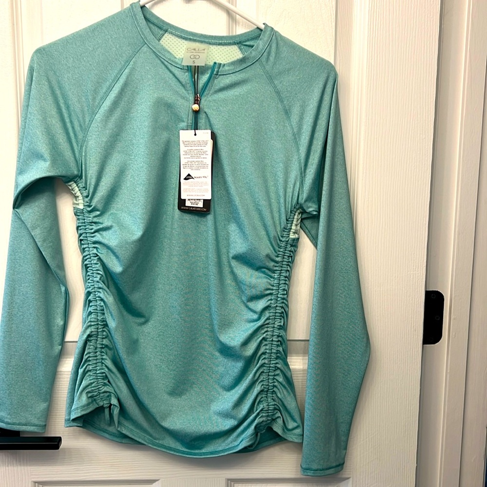 NWT CALIA by Carrie Underwood Womens Small Zip Up Rash Guard Nile Blue Heather